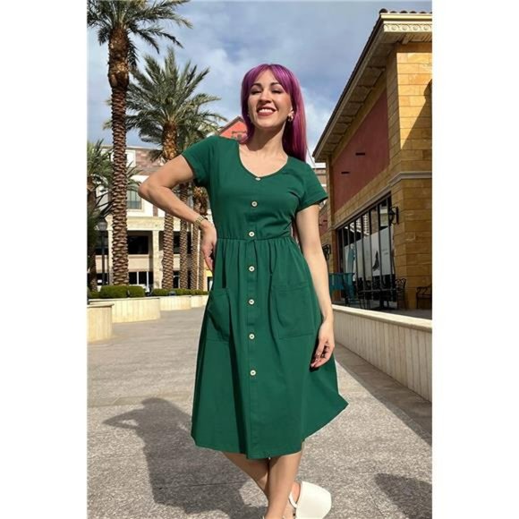 Women's V Neck Button Down Skater Dress with Pockets - Picture 2 of 6